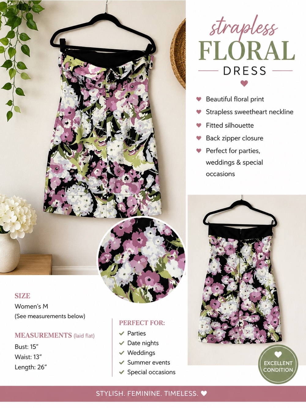 Dynamite Strapless Floral Sweetheart Dress — Pink, White & Green